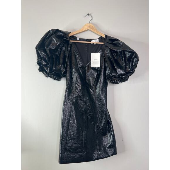 NWT A.L.C. Park Crinkled Faux Leather Puff Sleeve Lined Mini Dress Black Size: 0 - Picture 2 of 8